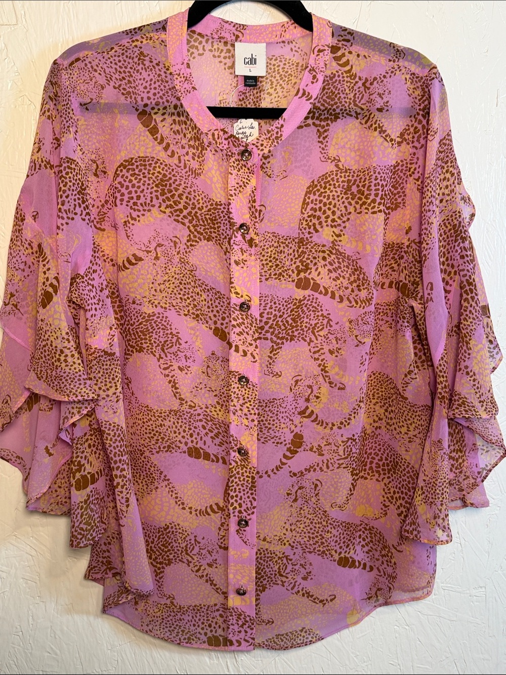 CAbi Pink Sheer Button-Front Blouse with Brown Animal Print